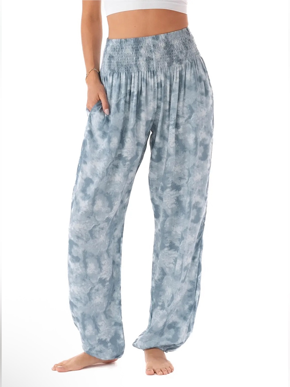 Lotus & Luna Biscay Bay Harem Pants in Light Blue Tie-Dye M